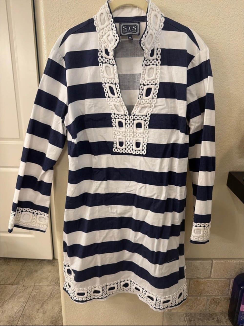 Sail to Sable Navy and White Striped Crochet-Trim Midi Dress